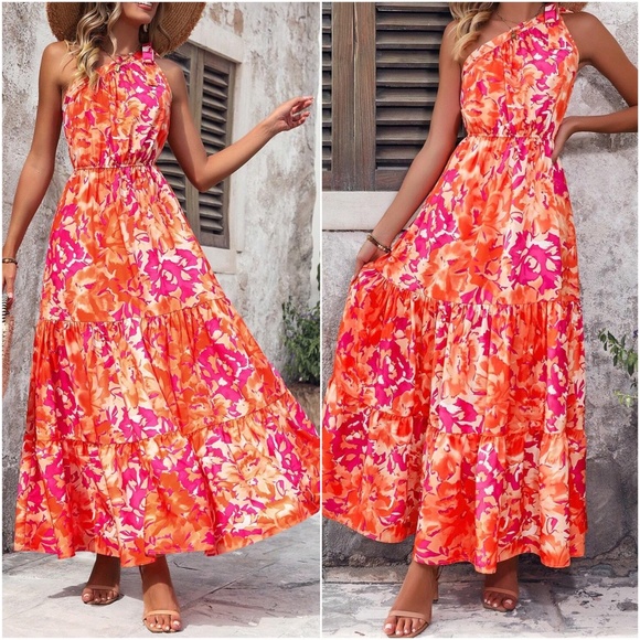 Boho Floral Print One Shoulder Ruffle Maxi Dress - Picture 2 of 6
